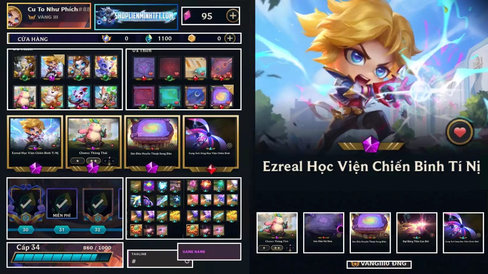 LOL 290 SKIN TFT  EZ HỌC VIỆN  CHƯỞNG LỰC EZ SÂN ĐẦY ĐỦ ĐÃ NẠP PASS