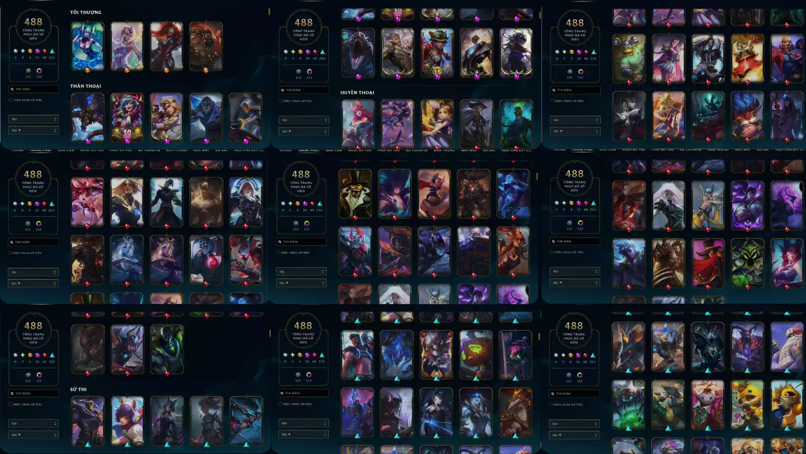 LOL 488 SKIN 4 CAM 10 TÍM 48 ĐỎ 253 SỬ THI  NHIỀU KHUNG (CÓ MORGANA PHÙ THUỶ KHUNG)