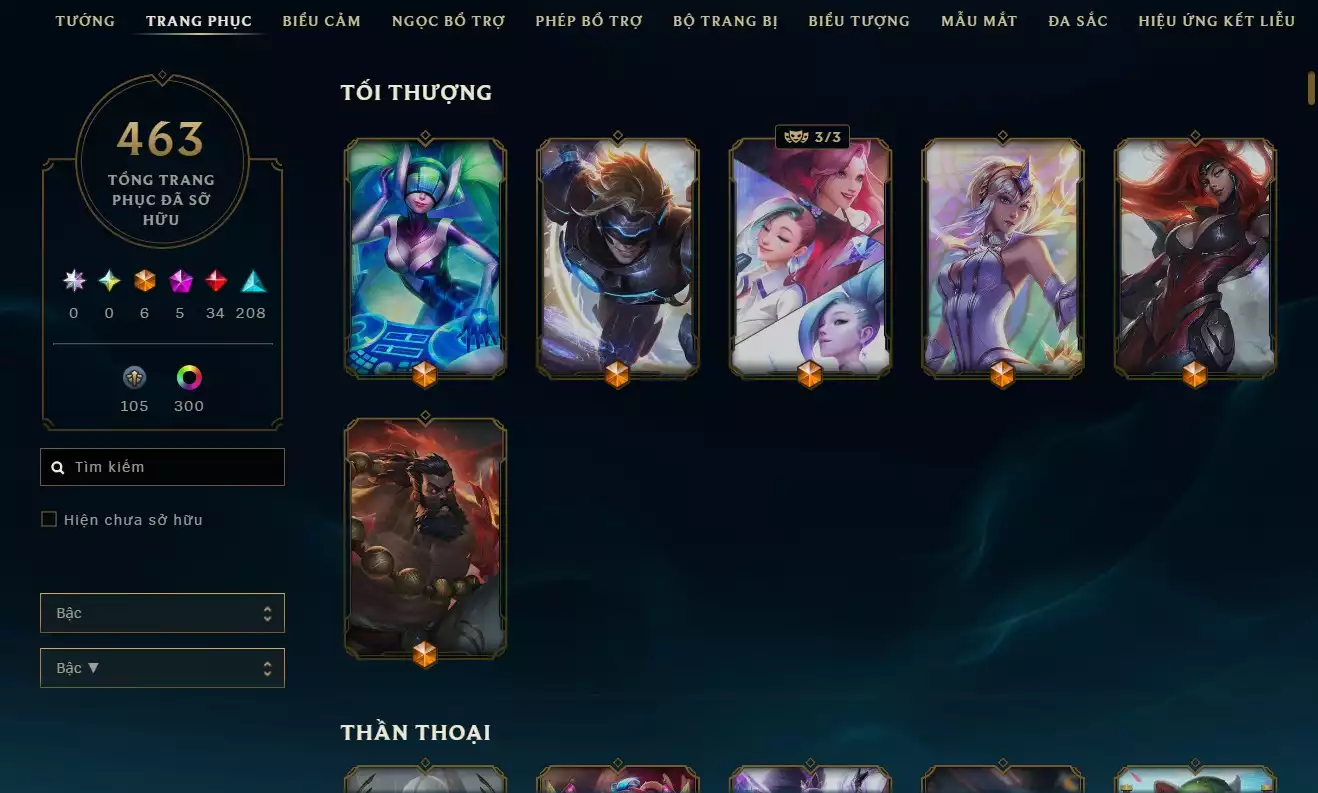 Tổng skin: 463 skin. TFT (Đấu Trường Chân Lý): Có Dư 6 Huy Chương Sân Chưởng: Đầy đủ
