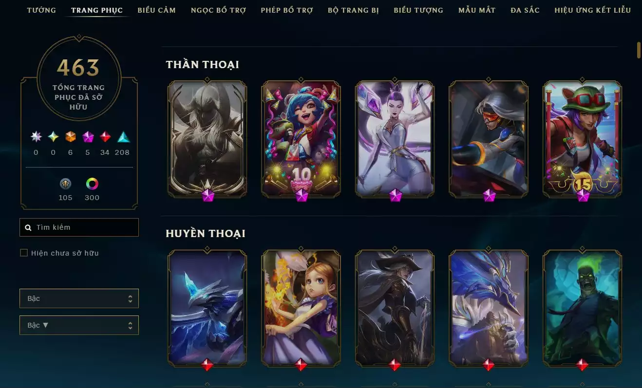 Ảnh Tổng skin: 463 skin. TFT (Đấu Trường Chân Lý): Có Dư 6 Huy Chương Sân Chưởng: Đầy đủ