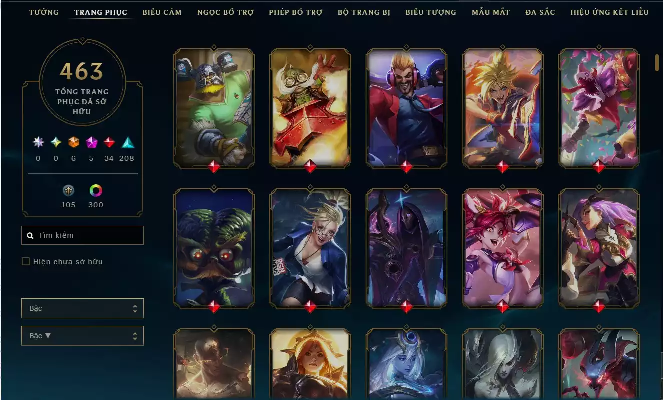 Ảnh Tổng skin: 463 skin. TFT (Đấu Trường Chân Lý): Có Dư 6 Huy Chương Sân Chưởng: Đầy đủ