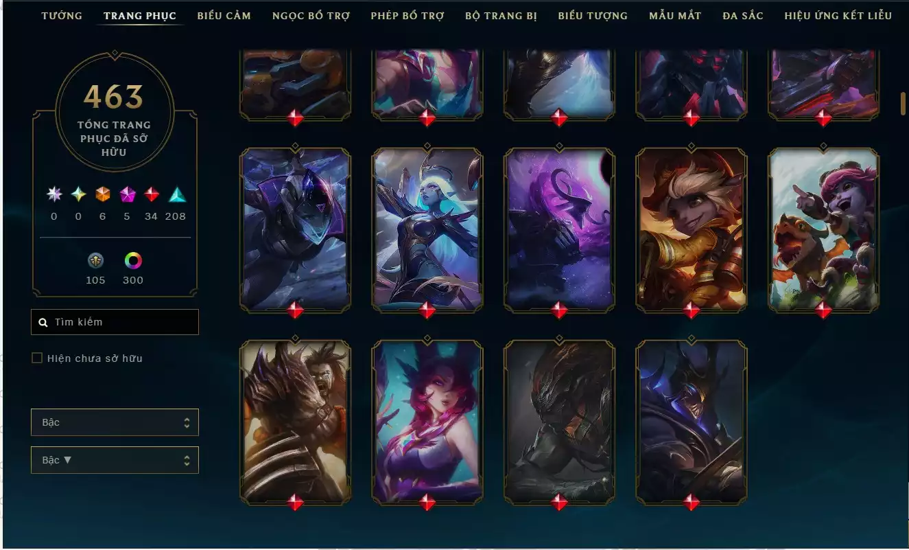 Ảnh Tổng skin: 463 skin. TFT (Đấu Trường Chân Lý): Có Dư 6 Huy Chương Sân Chưởng: Đầy đủ