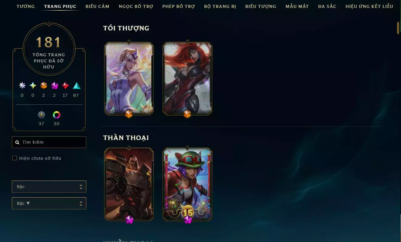 🎭 TFT 2 Linh Thú Tí Nị Xanh 7 Huy chương 🏅 Sân Pass cực đẹp 🏟️ Chưởng lực Xoẹt Xoẹt Tiệm Trà – Hàng Hiệu ⚡ 🎮 LOL 181 Skin 🎨 (nhiều skin đẹp, dễ nhìn) Skin nổi bật: ✦ Darius Lang Vương 👑 ✦ Leesin Nộ Long Cước 🐉 ✦ Jayce Arcane Kẻ Sống Sót 🔮 ✦ Yone Cao Bồi 🤠