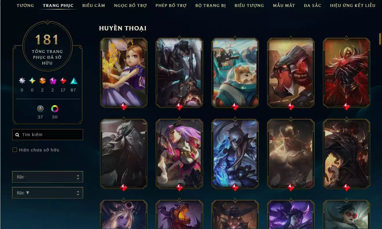 Ảnh 🎭 TFT 2 Linh Thú Tí Nị Xanh 7 Huy chương 🏅 Sân Pass cực đẹp 🏟️ Chưởng lực Xoẹt Xoẹt Tiệm Trà – Hàng Hiệu ⚡ 🎮 LOL 181 Skin 🎨 (nhiều skin đẹp, dễ nhìn) Skin nổi bật: ✦ Darius Lang Vương 👑 ✦ Leesin Nộ Long Cước 🐉 ✦ Jayce Arcane Kẻ Sống Sót 🔮 ✦ Yone Cao Bồi 🤠