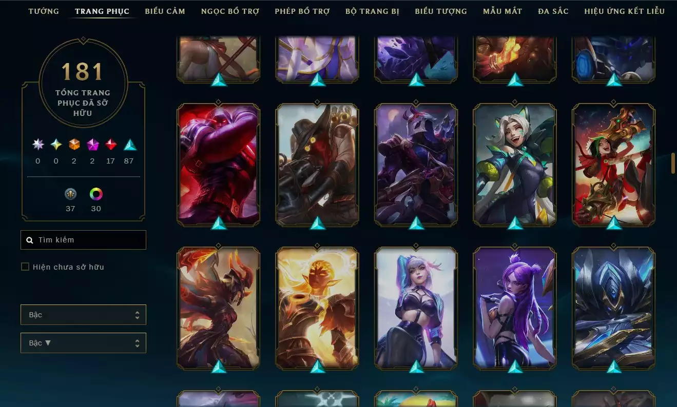 Ảnh 🎭 TFT 2 Linh Thú Tí Nị Xanh 7 Huy chương 🏅 Sân Pass cực đẹp 🏟️ Chưởng lực Xoẹt Xoẹt Tiệm Trà – Hàng Hiệu ⚡ 🎮 LOL 181 Skin 🎨 (nhiều skin đẹp, dễ nhìn) Skin nổi bật: ✦ Darius Lang Vương 👑 ✦ Leesin Nộ Long Cước 🐉 ✦ Jayce Arcane Kẻ Sống Sót 🔮 ✦ Yone Cao Bồi 🤠